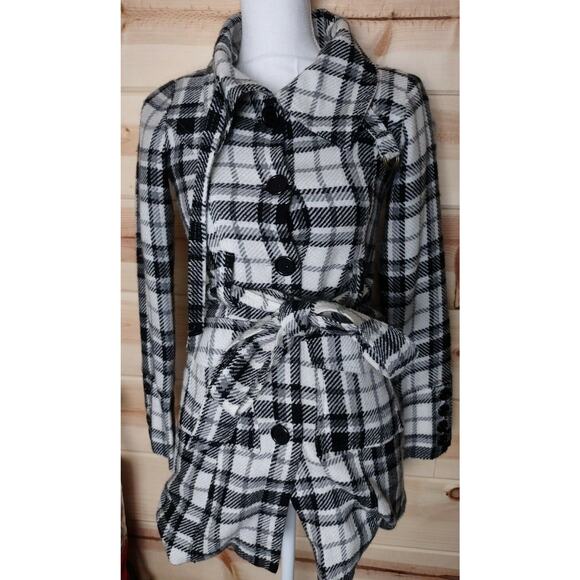 Timing Plaid Coat Button Up Tie Waist Black And White Juniors Size Small - Picture 1 of 12